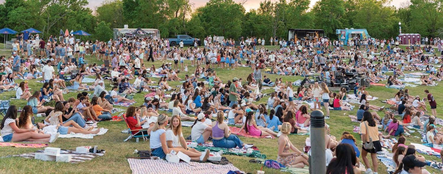 Festival crowd on the lawn at sunset