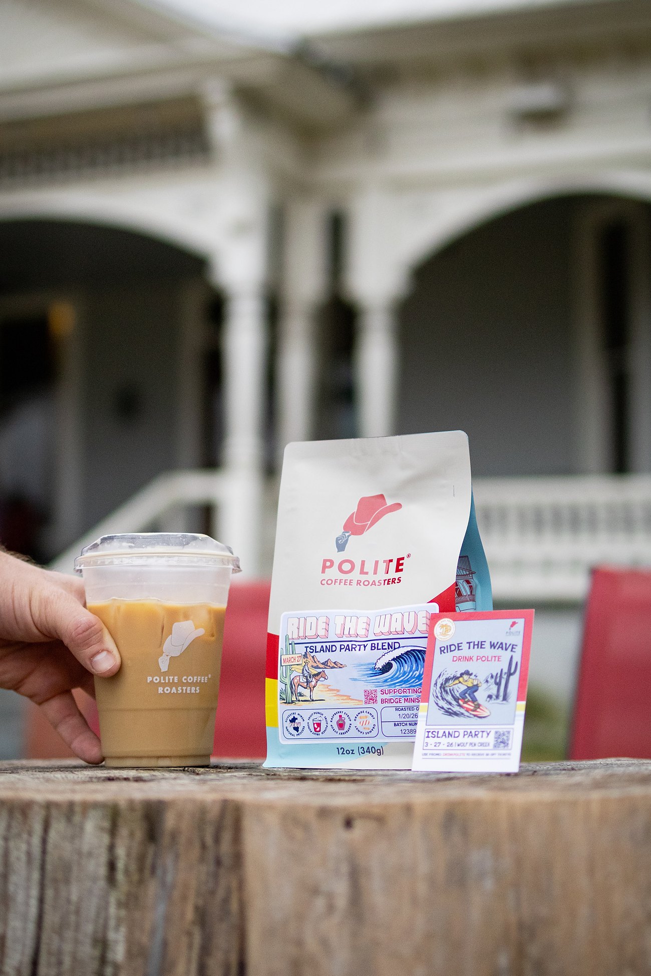 Polite Coffee cup, Island Party blend bag and promo card